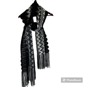Knit Wrap Shawl Scarf Black White Gray Chevron Zig Zag Bohemian Chic 8'x2.5'
